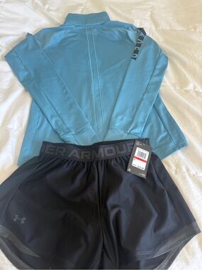 Under Armour Teal Quarter-Zip Top with Black Athletic Shorts